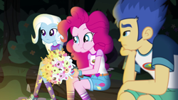 Size: 1280x720 | Tagged: safe, screencap, character:flash sentry, character:pinkie pie, character:trixie, equestria girls:legend of everfree, g4, my little pony:equestria girls, camp everfree logo, camp everfree outfits, clothing, female, food, legs, male, marshmallow, shorts, socks