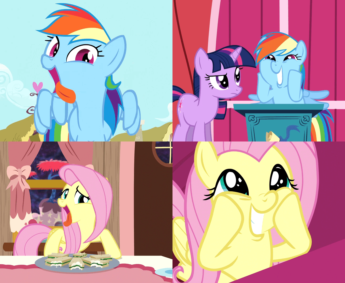 Size: 1320x1080 | Tagged: safe, screencap, character:fluttershy, character:rainbow dash, character:twilight sparkle, character:twilight sparkle (unicorn), species:pegasus, species:pony, species:unicorn, episode:a bird in the hoof, episode:applebuck season, episode:discordant harmony, episode:sweet and smoky, g4, my little pony: friendship is magic, animated, comparison, cropped, cute, dashabetes, dashface, female, flutterface, gif, loop, mare, shyabetes, silly, silly pony, so awesome, tongue out