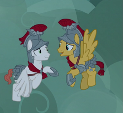 Size: 611x564 | Tagged: safe, screencap, character:albus, character:flash magnus, species:pegasus, species:pony, episode:campfire tales, g4, my little pony: friendship is magic, armor, cropped, duo, flying, helmet, hoof shoes, male, smiling, stallion, wings