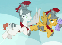 Size: 877x628 | Tagged: safe, screencap, character:albus, character:flash magnus, character:iron eagle, species:pegasus, species:pony, episode:campfire tales, g4, my little pony: friendship is magic, armor, cropped, flying, helmet, hoof shoes, hooves, male, smiling, stallion, wing hands, wings