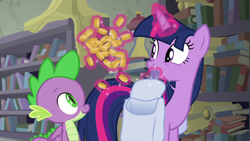 Size: 1280x720 | Tagged: safe, screencap, character:spike, character:twilight sparkle, character:twilight sparkle (alicorn), species:alicorn, species:dragon, species:pony, episode:the point of no return, g4, my little pony: friendship is magic, bits, book, bookshelf, money, saddle bag, scroll, winged spike