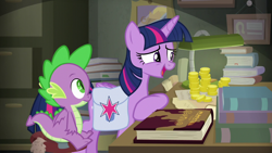 Size: 1920x1080 | Tagged: safe, screencap, character:spike, character:twilight sparkle, character:twilight sparkle (alicorn), species:alicorn, species:dragon, species:pony, episode:the point of no return, g4, my little pony: friendship is magic, bits, book, bookshelf, lamp, money, saddle bag, scroll, winged spike