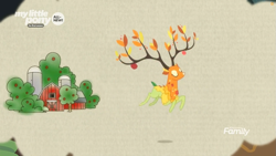 Size: 1259x708 | Tagged: safe, screencap, character:the great seedling, species:deer, episode:going to seed, g4, my little pony: friendship is magic, all new, apple tree, branches for antlers, discovery family logo, dryad, farm, leaping, solo, text, tree