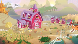 Size: 1259x708 | Tagged: safe, screencap, episode:going to seed, g4, my little pony: friendship is magic, all new, apple, apple tree, chicken coop, discovery family logo, farm, food, garden, male, no pony, pit trap, sweet apple acres, sweet apple acres barn, text, trap, tree