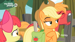 Size: 1259x708 | Tagged: safe, screencap, character:apple bloom, character:applejack, character:big mcintosh, species:earth pony, species:pony, episode:going to seed, g4, my little pony: friendship is magic, all new, apple siblings, apple tree, discovery family logo, female, fence, filly, foal, lidded eyes, male, mare, open mouth, saddle bag, sleepy, stallion, sweet apple acres, text, tree, yawn
