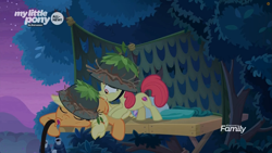 Size: 1259x708 | Tagged: safe, screencap, character:apple bloom, character:applejack, species:earth pony, species:pony, episode:going to seed, g4, my little pony: friendship is magic, all new, binoculars, camouflage, clothing, discovery family logo, drool, hat, sleeping, text, tree, wake up