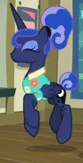 Size: 93x182 | Tagged: safe, screencap, character:princess luna, species:pony, episode:between dark and dawn, g4, my little pony: friendship is magic, alternate hairstyle, animated, clothing, cropped, cute, dancing, flower shirt, gif, gif for breezies, hair bun, hawaiian shirt, lunabetes, picture for breezies, post office, shirt, solo, tail bun, that pony sure does love the post office, trotting, trotting in place