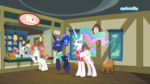 Size: 600x338 | Tagged: safe, screencap, character:derpy hooves, character:princess celestia, character:princess luna, character:rainbow stars, species:pony, episode:between dark and dawn, g4, my little pony: friendship is magic, alternate hairstyle, animated, barehoof, cartoonito logo, clock, clothing, cute, eyes closed, eyeshadow, female, flower shirt, hair bun, hawaiian shirt, lunabetes, mail, makeup, mare, post office, shirt, tail bun, that pony sure does love the post office, trotting, trotting in place