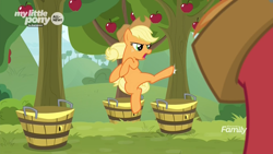 Size: 1920x1080 | Tagged: safe, screencap, character:applejack, character:big mcintosh, species:earth pony, species:pony, episode:going to seed, g4, my little pony: friendship is magic, apple tree, basket, bushel basket, discovery family logo, female, flying kick, male, mare, martial arts, roundhouse kick, spin kick, stallion, tree