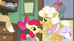 Size: 1600x900 | Tagged: safe, screencap, character:apple bloom, character:goldie delicious, species:earth pony, species:pony, episode:going to seed, g4, my little pony: friendship is magic, cat, cheek squish, discovery family logo, drawer, female, filly, foal, goldie delicious' cats, hoof on cheek, indoors, mare, raised hoof, squishy cheeks, window