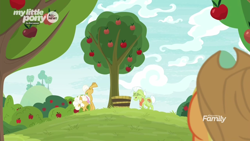 Size: 1600x900 | Tagged: safe, screencap, character:applejack, character:goldie delicious, character:granny smith, species:earth pony, species:pony, episode:going to seed, g4, my little pony: friendship is magic, apple, apple tree, bucket, discovery family logo, female, food, laughing, mare, tree