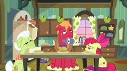 Size: 1920x1080 | Tagged: safe, screencap, character:apple bloom, character:big mcintosh, character:granny smith, species:pony, episode:going to seed, g4, my little pony: friendship is magic, food, pancakes, sleepy