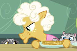 Size: 1109x733 | Tagged: safe, screencap, character:goldie delicious, episode:going to seed, g4, my little pony: friendship is magic, cat, cropped, distracted, food, goldie delicious' cats, solo, stealing