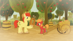 Size: 1920x1080 | Tagged: safe, screencap, character:big mcintosh, character:bright mac, species:earth pony, species:pony, episode:going to seed, g4, my little pony: friendship is magic, apple, apple tree, big macintosh's yoke, cart, colt, colt big macintosh, duo, father and son, flashback, foal, food, like father like son, male, stallion, tree, yoke, younger