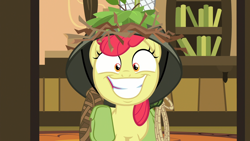 Size: 1920x1080 | Tagged: safe, screencap, character:apple bloom, species:earth pony, species:pony, episode:going to seed, g4, my little pony: friendship is magic, big grin, big smile, does this look like the face of mercy, faec, female, filly, foal, grin, helmet, saddle bag, slasher smile, smiling, snapple bloom, solo