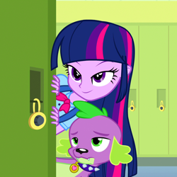 Size: 1080x1080 | Tagged: safe, screencap, character:spike, character:twilight sparkle, character:twilight sparkle (alicorn), species:alicorn, species:dog, species:pony, equestria girls:equestria girls, g4, my little pony:equestria girls, cropped, female, lidded eyes, lockers, male, spike the dog, varying degrees of want