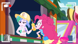 Size: 1920x1080 | Tagged: safe, screencap, character:pinkie pie, episode:five lines you need to stand in, g4, my little pony:equestria girls, baseball cap, cap, clothing, female, food truck, hat, not celestia, summer solstice (character)