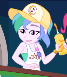 Size: 592x685 | Tagged: safe, screencap, character:pinkie pie, episode:five lines you need to stand in, g4, my little pony:equestria girls, cap, clothing, cropped, female, food, hat, mustard, not celestia, offscreen character, sauce, sleeveless, summer solstice (character), vendor