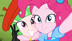 Size: 1336x752 | Tagged: safe, screencap, character:drama letter, character:pinkie pie, character:watermelody, episode:five lines you need to stand in, g4, my little pony:equestria girls, beret, clothing, cute, diapinkes, geode of sugar bombs, hat, magical geodes, peace sign, selfie, smiling