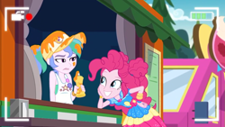 Size: 1336x752 | Tagged: safe, screencap, character:pinkie pie, episode:five lines you need to stand in, g4, my little pony:equestria girls, clothing, food, food on face, food truck, hand on hip, hat, mustard, not celestia, sauce, smiling, summer solstice (character), unamused, vendor