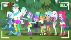 Size: 1336x752 | Tagged: safe, screencap, character:aqua blossom, character:bulk biceps, character:fleur-de-lis, character:frosty orange, character:lyra heartstrings, character:pinkie pie, character:snails, character:snips, character:trixie, episode:five lines you need to stand in, g4, my little pony:equestria girls, background human, bathroom line, butt touch, clothing, conga, conga line, converse, eyes closed, female, hand on butt, hat, male, pants, pantyhose, shoes, shorts, skirt, sneakers