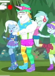 Size: 485x669 | Tagged: safe, screencap, character:aqua blossom, character:bulk biceps, character:lyra heartstrings, character:trixie, episode:five lines you need to stand in, g4, my little pony:equestria girls, background human, bulkabetes, butt touch, conga, conga line, cropped, cute, dancing, diatrixes, female, hand on butt, lyrabetes, male