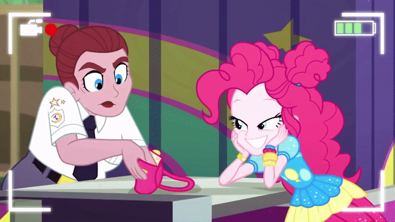 Size: 800x450 | Tagged: safe, screencap, character:pinkie pie, episode:five lines you need to stand in, g4, my little pony:equestria girls, animated, aside glance, balloon, cartoon physics, confused, cute, diapinkes, female, gif, handbag, looking at you, looking sideways, mulberry barricade, pinkie being pinkie, pinkie physics, recording, security guard, selfie drone, shrug, smiling, talking, text