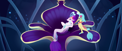 Size: 1920x804 | Tagged: safe, screencap, character:princess skystar, character:queen novo, species:seapony (g4), my little pony: the movie (2017), bored, eyes closed, happy, pearl, seaquestria, serious, serious face, throne