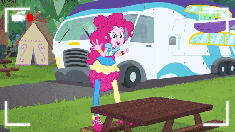 Size: 800x450 | Tagged: safe, screencap, character:pinkie pie, episode:five lines you need to stand in, g4, my little pony:equestria girls, animated, close-up, cute, diapinkes, extreme close up, fourth wall, looking at you, recording, rv