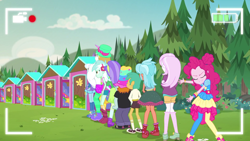 Size: 1920x1080 | Tagged: safe, screencap, character:aqua blossom, character:bulk biceps, character:fleur-de-lis, character:frosty orange, character:lyra heartstrings, character:pinkie pie, character:snails, character:snips, character:trixie, episode:five lines you need to stand in, g4, my little pony:equestria girls, background human, bathroom line, clothing, converse, covering crotch, desperation, female, hat, male, need to pee, omorashi, outhouse, pants, pantyhose, potty dance, potty emergency, potty time, shoes, shorts, skirt, sneakers