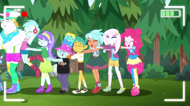 Size: 800x450 | Tagged: safe, screencap, character:aqua blossom, character:bulk biceps, character:fleur-de-lis, character:frosty orange, character:lyra heartstrings, character:pinkie pie, character:snails, character:snips, character:trixie, episode:five lines you need to stand in, g4, my little pony:equestria girls, animated, bulkabetes, clothing, conga, conga line, converse, cute, dancing, diasnails, diasnips, diatrixes, eyes closed, female, fleurabetes, gif, hand on hip, hand on shoulder, hat, laughing, lyrabetes, male, outdoors, outhouse, shoes, smiling, sneakers, snips's festival hat, teenager
