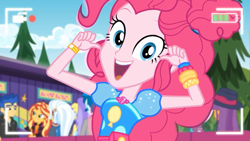 Size: 1920x1080 | Tagged: safe, screencap, character:flash sentry, character:ginger owlseye, character:pinkie pie, character:sunset shimmer, character:trixie, episode:five lines you need to stand in, g4, my little pony:equestria girls, background human, bracelet, camera shot, close-up, clothing, cute, diapinkes, fedora, female, geode of sugar bombs, happy, hat, jewelry, looking at you, magical geodes, male, recording, selfie drone, video