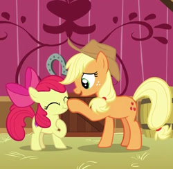 Size: 675x658 | Tagged: safe, screencap, character:apple bloom, character:applejack, species:pony, episode:going to seed, g4, my little pony: friendship is magic, adorabloom, boop, cropped, cute, duo, eyes closed, female, filly, horseshoes, jackabetes, open mouth, profile, scrunchy face, sweet apple acres