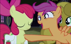 Size: 1162x720 | Tagged: safe, screencap, character:apple bloom, character:scootaloo, character:sweetie belle, species:pegasus, species:pony, episode:one bad apple, g4, my little pony: friendship is magic, backpack, cute, cutie mark crusaders, eyes closed, happy, open mouth