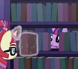 Size: 583x515 | Tagged: safe, screencap, character:moondancer, character:twilight sparkle, character:twilight sparkle (alicorn), species:alicorn, species:pony, species:unicorn, episode:amending fences, g4, my little pony: friendship is magic, annoyed, book, bookshelf, cropped, duo, female, frown, glare, glowing horn, happy, horn, levitation, library, magic, magic aura, mare, smiling, telekinesis