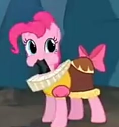 Size: 344x366 | Tagged: safe, screencap, character:pinkie pie, species:pony, episode:hearth's warming eve, g4, my little pony: friendship is magic, chancellor puddinghead, cropped, cute, diapinkes, mouth hold, puffy cheeks, rock, solo