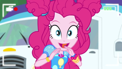 Size: 1336x752 | Tagged: safe, screencap, character:pinkie pie, episode:five lines you need to stand in, g4, my little pony:equestria girls, cute, diapinkes, excited, female, geode of sugar bombs, happy, looking at you, magical geodes, open mouth, recording, rv, selfie drone, smiling, solo, tongue out, video