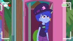 Size: 1280x720 | Tagged: safe, screencap, episode:five lines you need to stand in, g4, my little pony:equestria girls, background character, background human, braided ponytail, clothing, hat, not luna, outhouse, space camp (character)