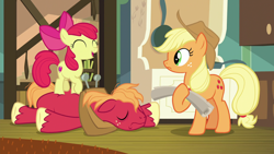 Size: 1920x1080 | Tagged: safe, screencap, character:apple bloom, character:applejack, character:big mcintosh, species:pony, episode:going to seed, g4, my little pony: friendship is magic, eyes closed, map, prone