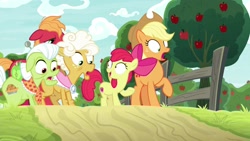 Size: 1920x1080 | Tagged: safe, screencap, character:apple bloom, character:applejack, character:big mcintosh, character:goldie delicious, character:granny smith, species:pony, episode:going to seed, g4, my little pony: friendship is magic, apple tree, tree, varying degrees of want