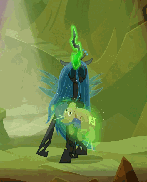 Size: 500x620 | Tagged: safe, screencap, character:queen chrysalis, species:changeling, episode:frenemies, g4, my little pony: friendship is magic, animated, better way to be bad, changeling queen, cropped, cute, cutealis, dancing, female, gif, glowing horn, good trick, happy, horn, implied rarity, legion of doom, magic, rarity plushie, silly changeling, smiling, solo, spinning, telekinesis, you spin me right round