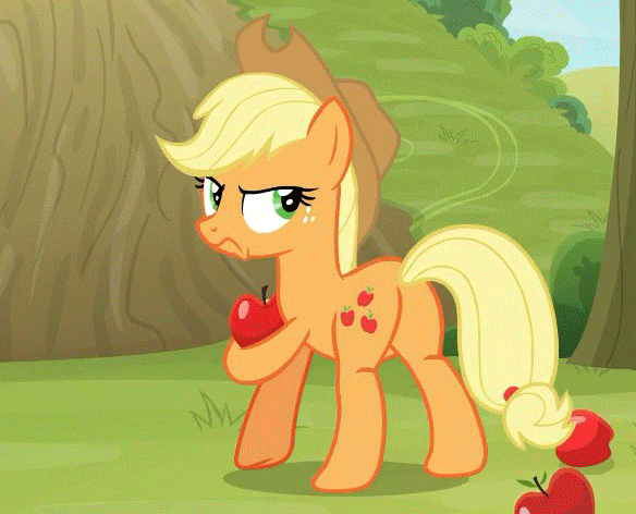 Size: 584x472 | Tagged: safe, screencap, character:applejack, species:earth pony, species:pony, episode:going to seed, g4, my little pony: friendship is magic, animated, apple, applejack is not amused, butt, clothing, cowboy hat, cropped, female, food, gif, hat, mare, plot, solo, unamused, walking