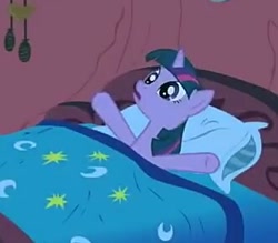 Size: 332x291 | Tagged: safe, screencap, character:twilight sparkle, species:pony, episode:look before you sleep, g4, my little pony: friendship is magic, bed, cropped, cute, golden oaks library, night, solo