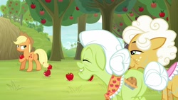 Size: 1920x1080 | Tagged: safe, screencap, character:applejack, character:goldie delicious, character:granny smith, species:pony, episode:going to seed, g4, my little pony: friendship is magic, apple, apple tree, food, tree