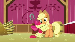Size: 1920x1080 | Tagged: safe, screencap, character:apple bloom, character:applejack, species:earth pony, species:pony, episode:going to seed, g4, my little pony: friendship is magic, adorabloom, bucket, cute, female, filly, hug, mare, siblings, sisterly love, sisters, smiling