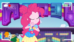Size: 1366x768 | Tagged: safe, screencap, character:bright idea, character:cherry crash, character:dj pon-3, character:microchips, character:paisley, character:pinkie pie, character:vinyl scratch, episode:five lines you need to stand in, g4, my little pony:equestria girls, background human, bright idea, cherry crash, clothing, eyes closed, female, male, offscreen character, recording, sweet leaf, valhallen, written equestrian
