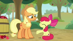 Size: 1920x1080 | Tagged: safe, screencap, character:apple bloom, character:applejack, species:pony, episode:going to seed, g4, my little pony: friendship is magic, apple, apple tree, barrel, female, food, siblings, sisters, tree