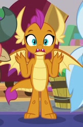 Size: 270x413 | Tagged: safe, screencap, character:smolder, species:dragon, episode:the hearth's warming club, g4, my little pony: friendship is magic, bucket, claws, cropped, dragoness, fangs, female, horns, open mouth, shocked, shrunken pupils, solo focus, spread wings, toes, wide eyes, wings