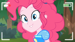 Size: 1920x1080 | Tagged: safe, screencap, character:pinkie pie, episode:five lines you need to stand in, g4, my little pony:equestria girls, camera shot, cute, diapinkes, female, geode of sugar bombs, looking at you, magical geodes, recording, smiling, solo, video