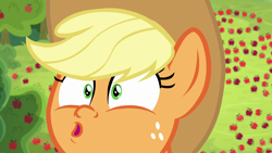 Size: 1920x1080 | Tagged: safe, screencap, character:applejack, species:earth pony, species:pony, episode:going to seed, g4, my little pony: friendship is magic, :o, apple, apple tree, appul, close-up, cute, faec, female, food, jackabetes, mare, open mouth, solo, tree